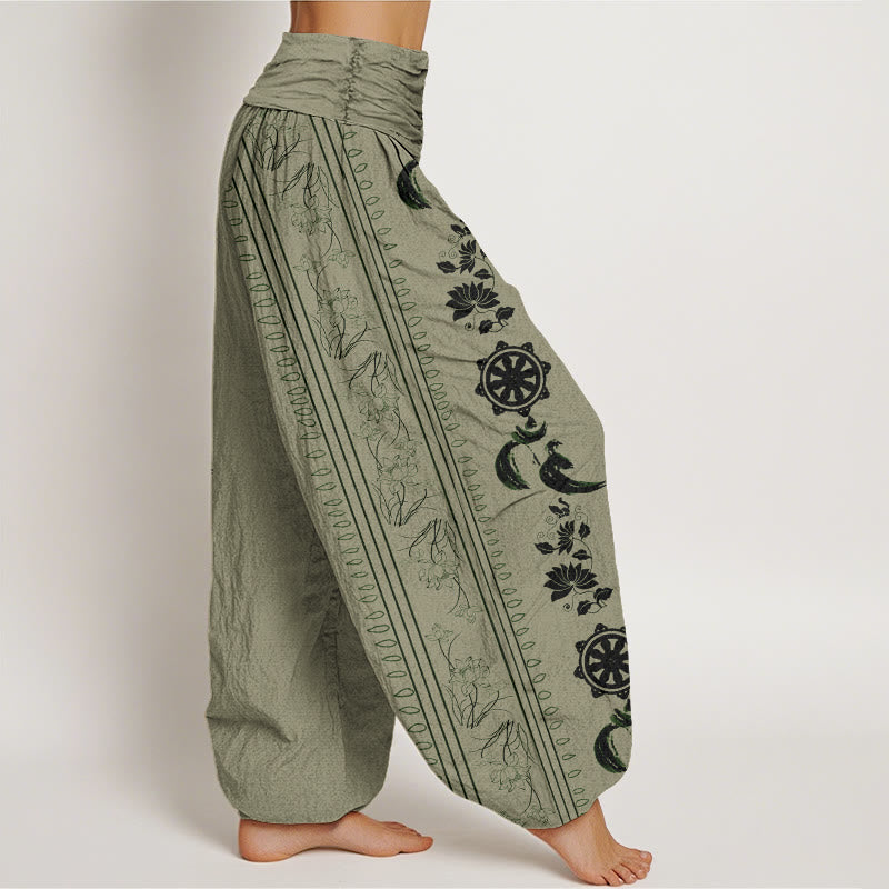 Dharma Wheel Lotus OM Pattern Women's Elastic Waist Harem Pants - Image 6