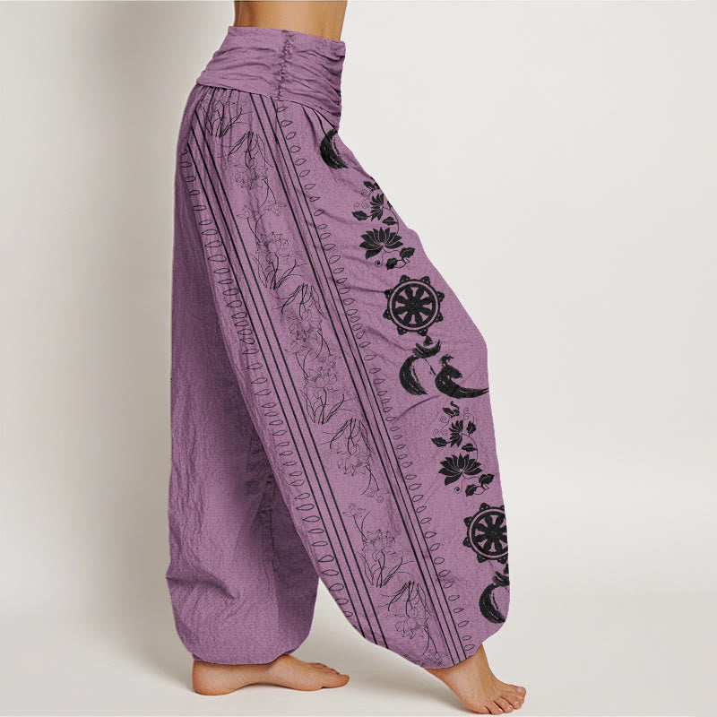 Dharma Wheel Lotus OM Pattern Women's Elastic Waist Harem Pants - Image 9
