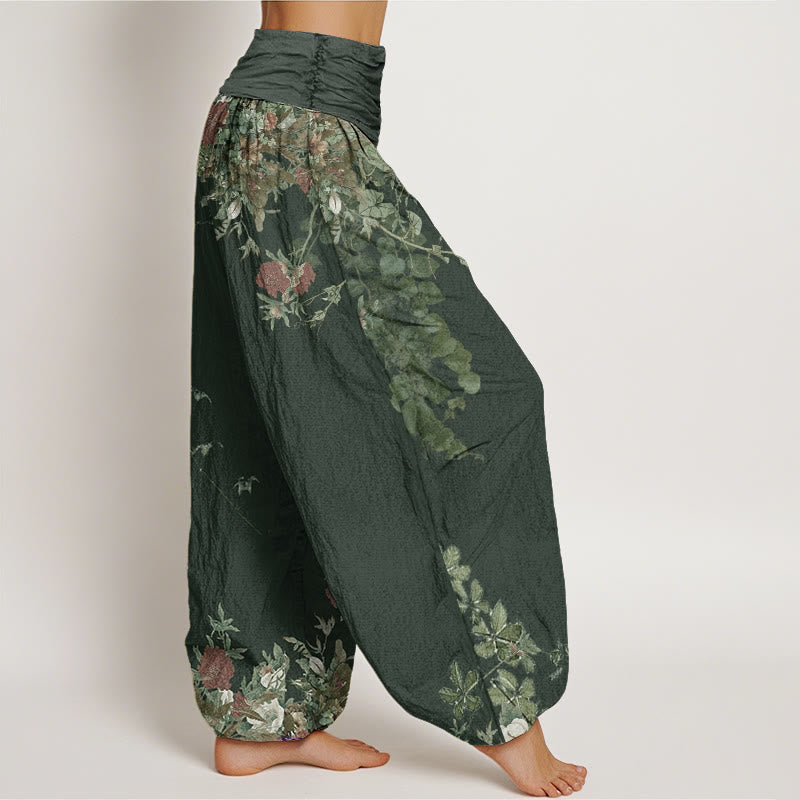 Casual Red Peony Flower Vine Design Women's Elastic Waist Harem Pants - Image 6