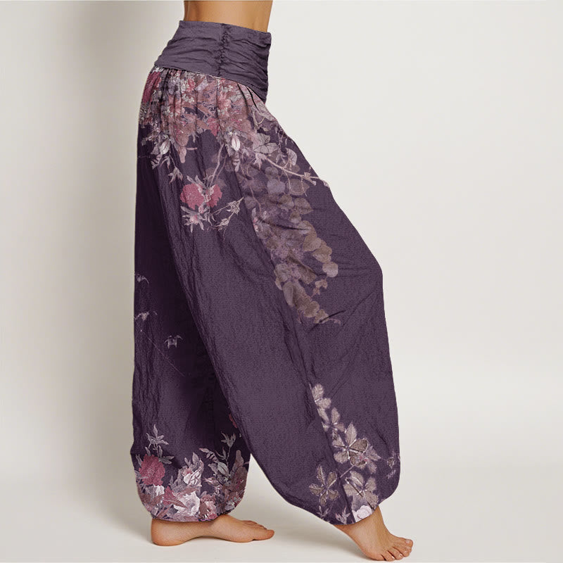 Casual Red Peony Flower Vine Design Women's Elastic Waist Harem Pants - Image 9