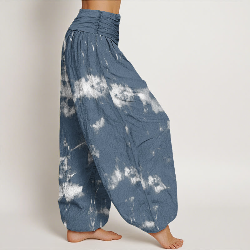 White Lines Spots Tie-Dye Pattern Women's Elastic Waist Harem Pants - Image 6