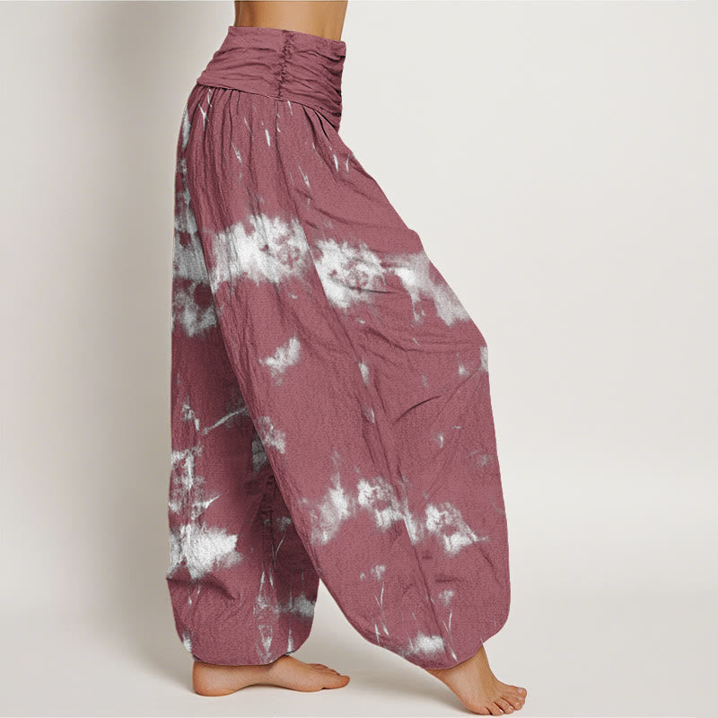 White Lines Spots Tie-Dye Pattern Women's Elastic Waist Harem Pants - Image 9