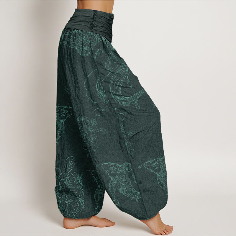 Koi Fish Floral Pattern Women's Elastic Waist Harem Pants - Image 9