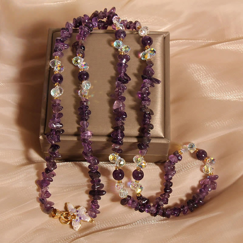 Butterfly Flower Amethyst Strawberry Quartz Balance Necklace Pendant