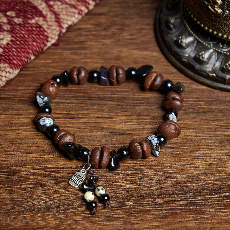 Natural Coffee Beans Tiger Eye Fu Character Protection Bracelet