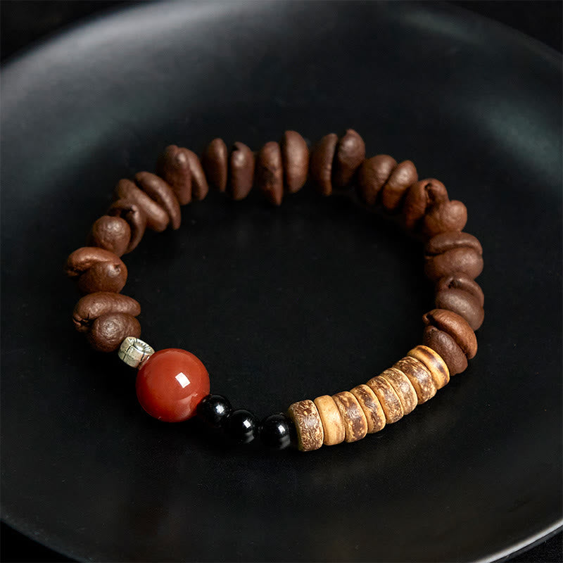 Natural Coffee Beans Red Agate Coconut Shell Beads Bracelet - Image 4