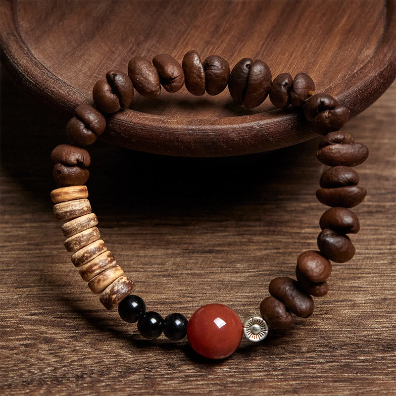 Natural Coffee Beans Red Agate Coconut Shell Beads Bracelet - Image 3