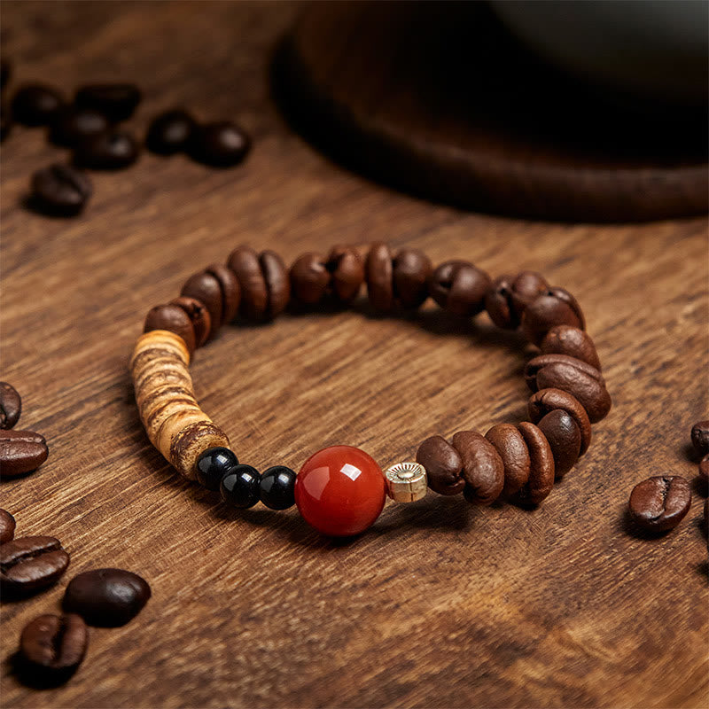 Natural Coffee Beans Red Agate Coconut Shell Beads Bracelet
