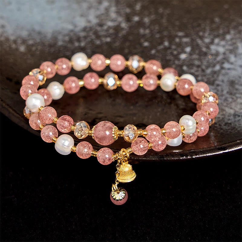 Natural Strawberry Quartz Pearl Bell Healing Double Wrap Bracelet