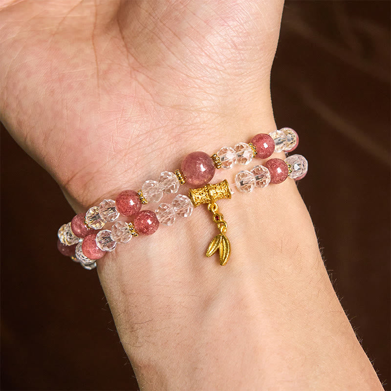 Natural Strawberry Quartz Crystal Bamboo Positive Double Wrap Bracelet - Image 5