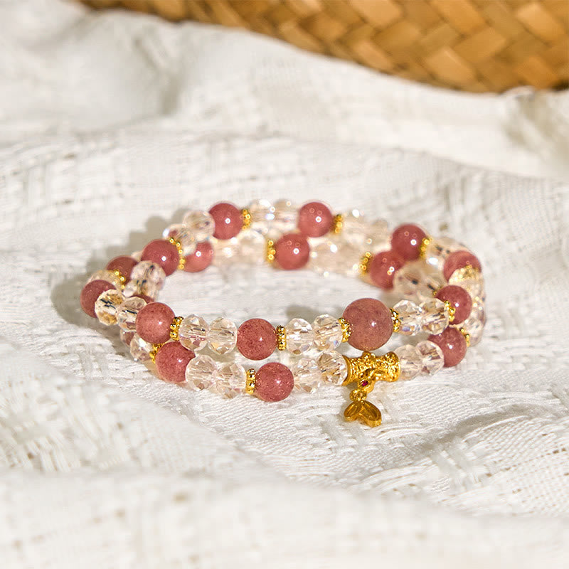 Natural Strawberry Quartz Crystal Bamboo Positive Double Wrap Bracelet - Image 4
