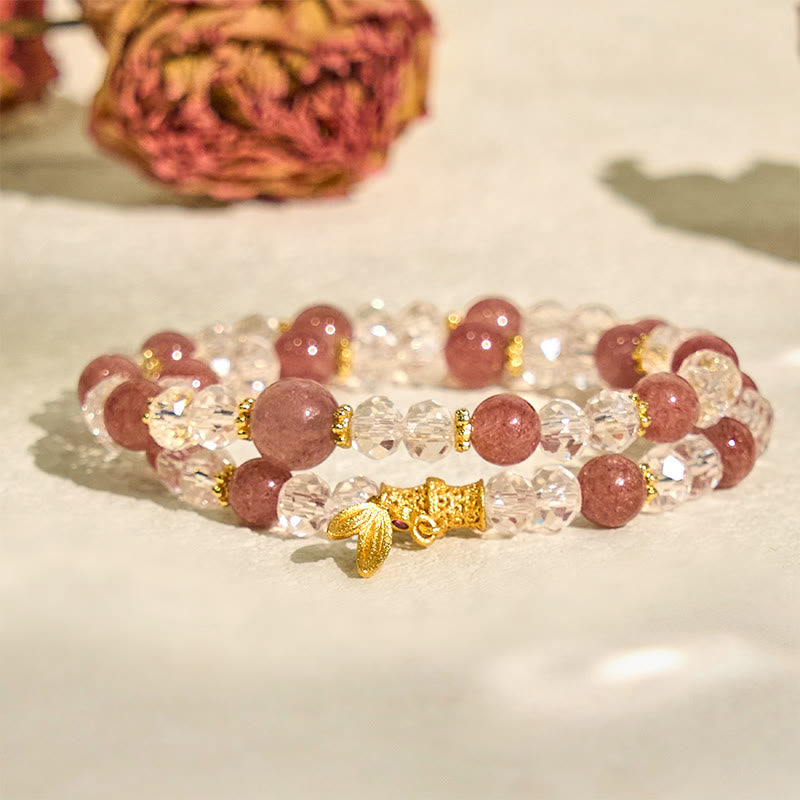 Natural Strawberry Quartz Crystal Bamboo Positive Double Wrap Bracelet - Image 3