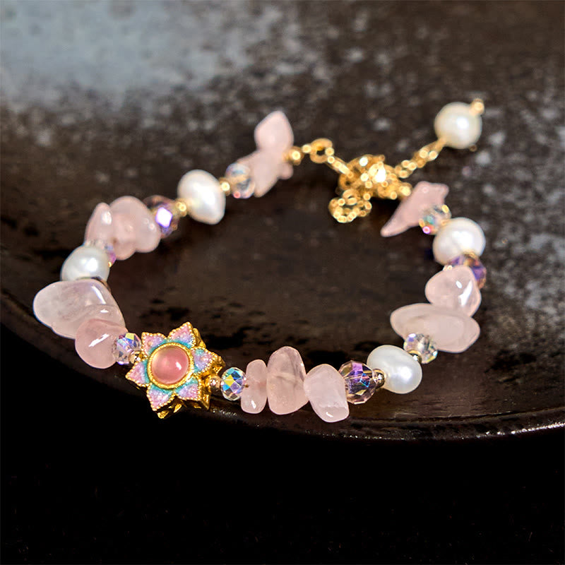 Natural Gravel Rose Quartz Flower Pearl Healing Bracelet