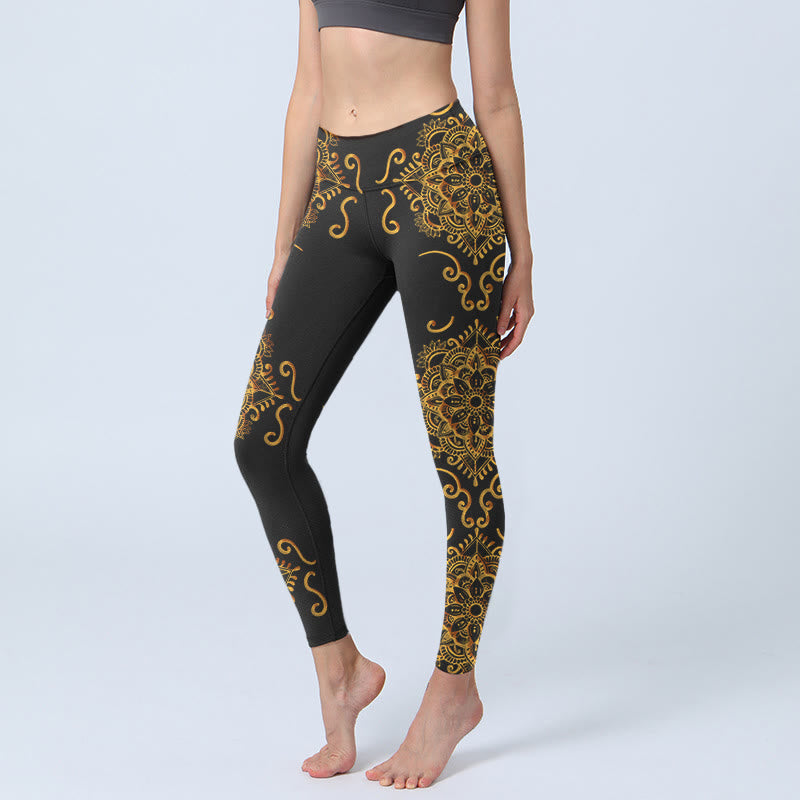 Golden Mandala Flowers Print Gym Leggings Women's Yoga Pants