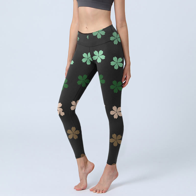 Green Pink Five-petal Flowers Print Gym Leggings Women's Yoga Pants