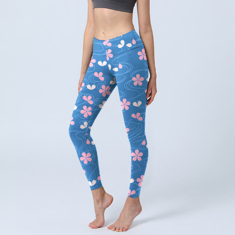Pink Cherry Blossoms Lines Print Gym Leggings Women's Yoga Pants