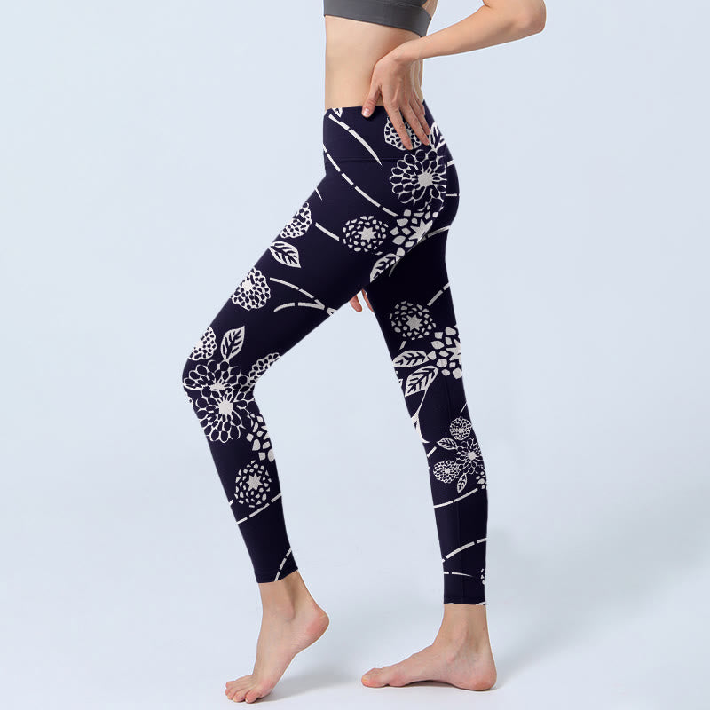 White Sketch Chrysanthemums Print Gym Leggings Women's Yoga Pants - Image 3