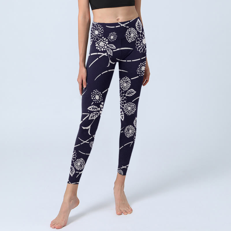 White Sketch Chrysanthemums Print Gym Leggings Women's Yoga Pants - Image 6