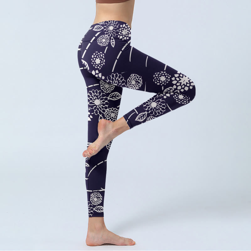 White Sketch Chrysanthemums Print Gym Leggings Women's Yoga Pants - Image 4