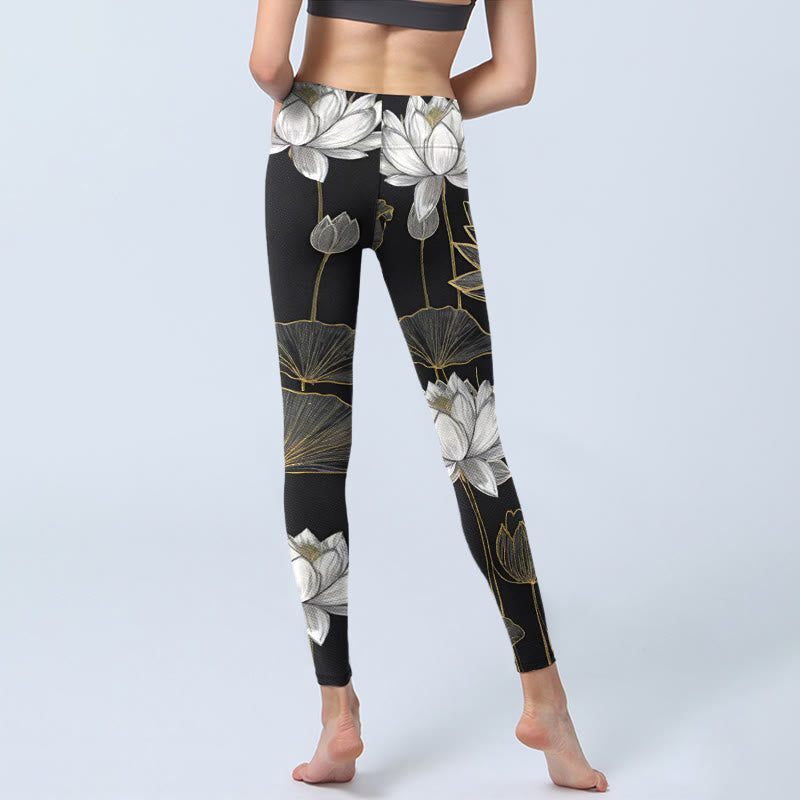 White Golden Lotus Leaves Print Gym Leggings Women's Yoga Pants - Image 7
