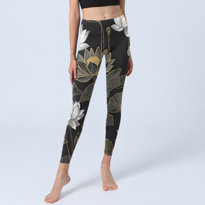White Golden Lotus Leaves Print Gym Leggings Women's Yoga Pants - Image 6