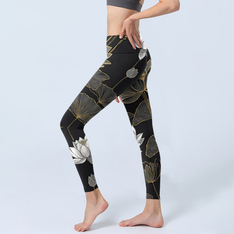 White Golden Lotus Leaves Print Gym Leggings Women's Yoga Pants - Image 3