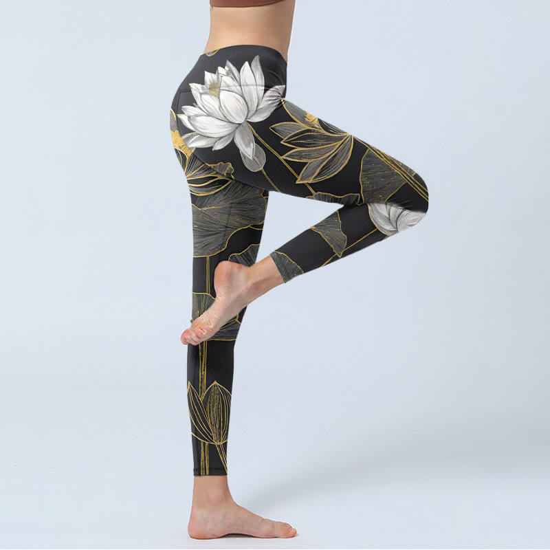 White Golden Lotus Leaves Print Gym Leggings Women's Yoga Pants - Image 4