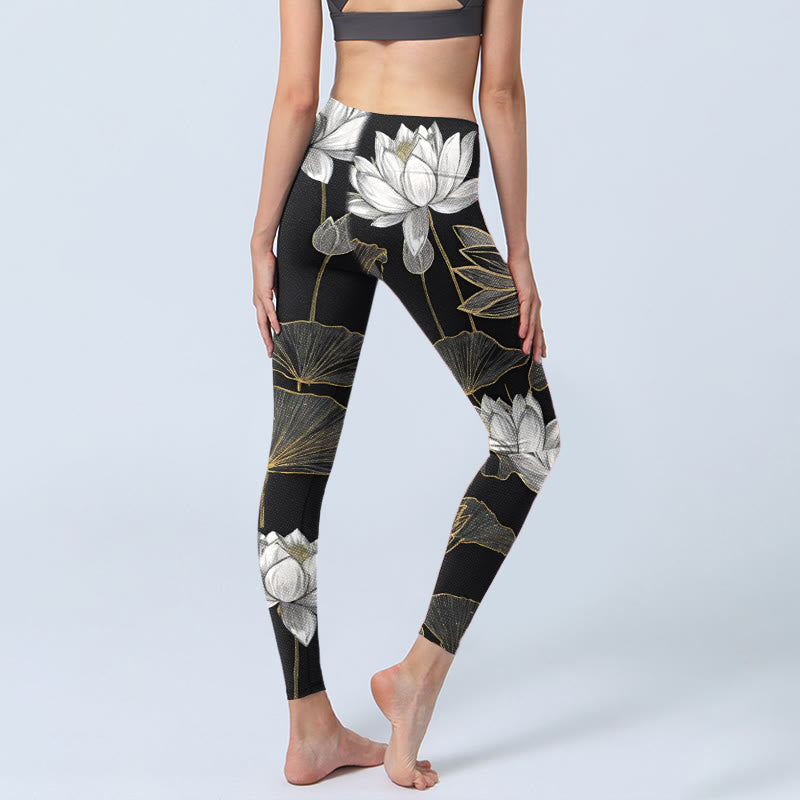 White Golden Lotus Leaves Print Gym Leggings Women's Yoga Pants - Image 5