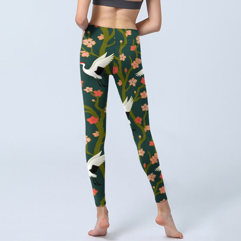 White Red-crowned Cranes Red Orange Flower Trees Print Gym Leggings Women's Yoga Pants - Image 7