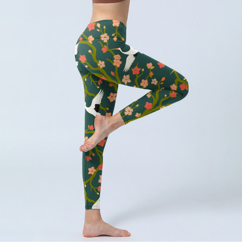 White Red-crowned Cranes Red Orange Flower Trees Print Gym Leggings Women's Yoga Pants - Image 4