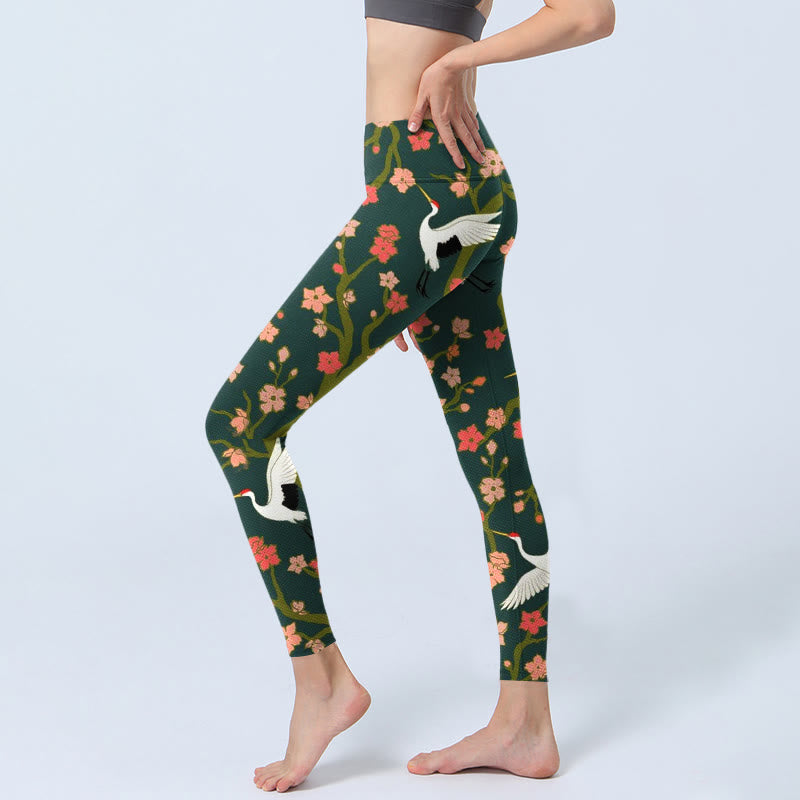 White Red-crowned Cranes Red Orange Flower Trees Print Gym Leggings Women's Yoga Pants - Image 3