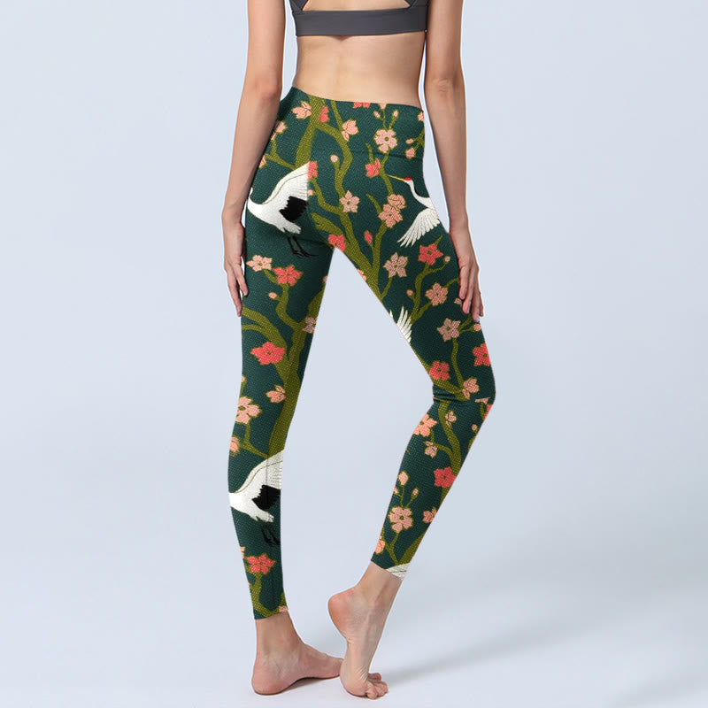 White Red-crowned Cranes Red Orange Flower Trees Print Gym Leggings Women's Yoga Pants - Image 5