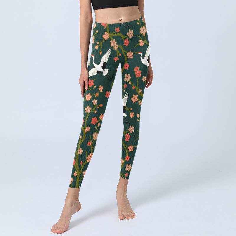 White Red-crowned Cranes Red Orange Flower Trees Print Gym Leggings Women's Yoga Pants - Image 6