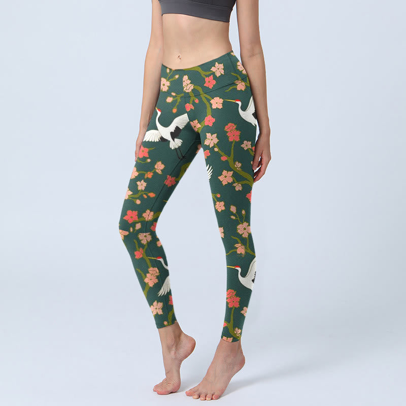 White Red-crowned Cranes Red Orange Flower Trees Print Gym Leggings Women's Yoga Pants