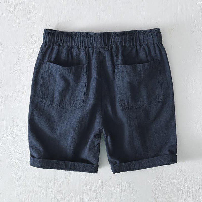 Summer Solid Color Drawstring Elastic Waist Men's Cotton Linen Shorts With Pockets - Image 28