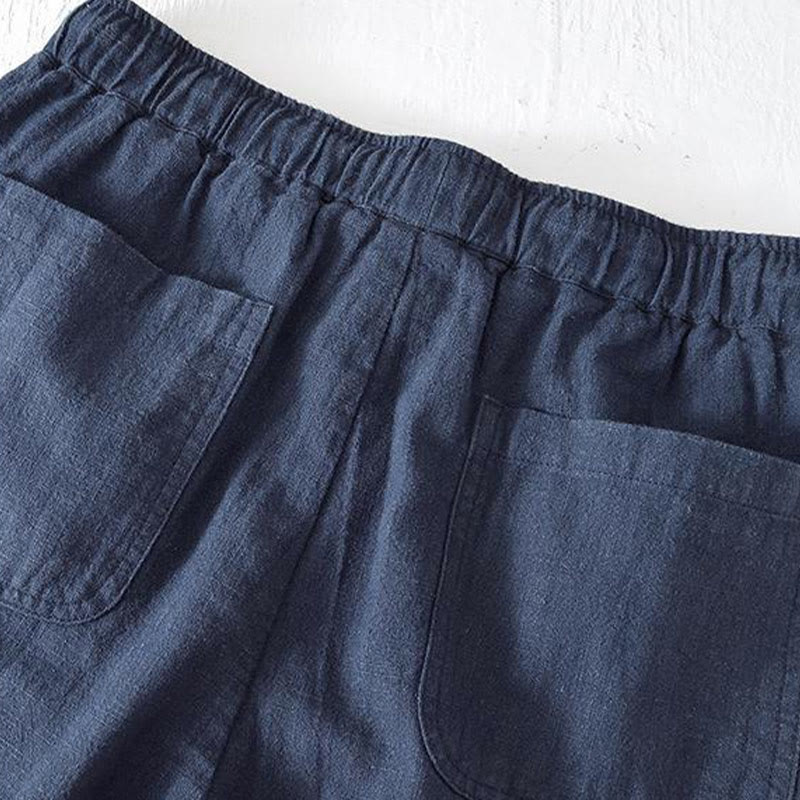 Summer Solid Color Drawstring Elastic Waist Men's Cotton Linen Shorts With Pockets - Image 30