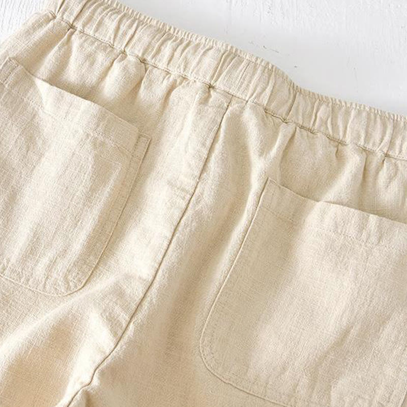 Summer Solid Color Drawstring Elastic Waist Men's Cotton Linen Shorts With Pockets - Image 3