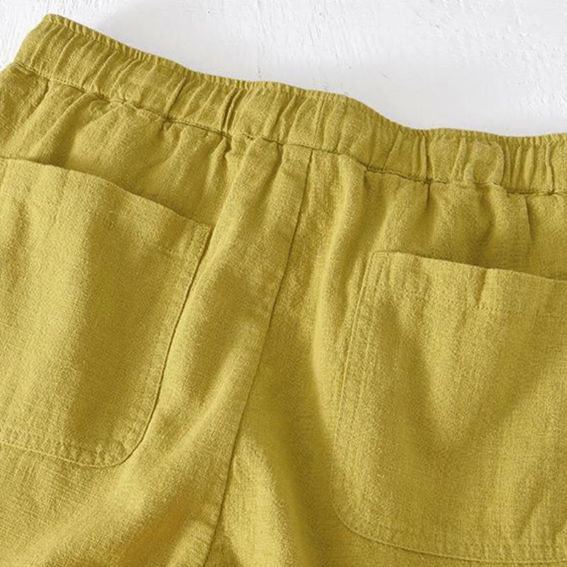 Summer Solid Color Drawstring Elastic Waist Men's Cotton Linen Shorts With Pockets - Image 13