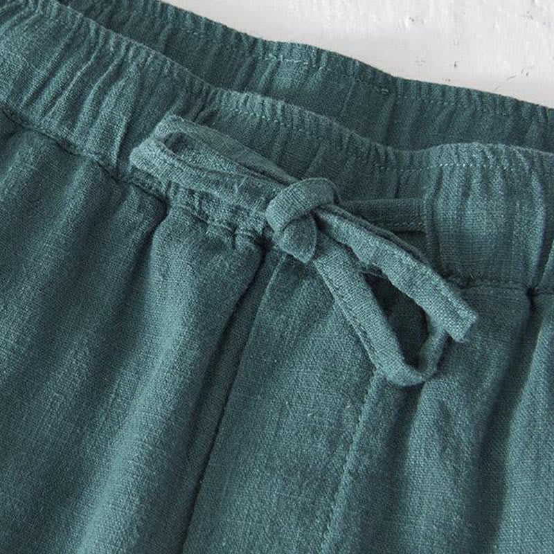 Summer Solid Color Drawstring Elastic Waist Men's Cotton Linen Shorts With Pockets - Image 23