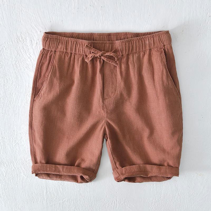 Summer Solid Color Drawstring Elastic Waist Men's Cotton Linen Shorts With Pockets - Image 34