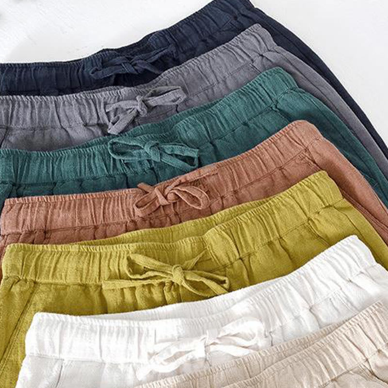Summer Solid Color Drawstring Elastic Waist Men's Cotton Linen Shorts With Pockets - Image 40