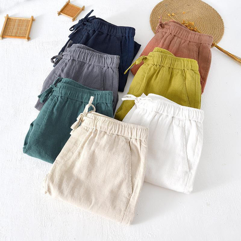 Summer Solid Color Drawstring Elastic Waist Men's Cotton Linen Shorts With Pockets - Image 39