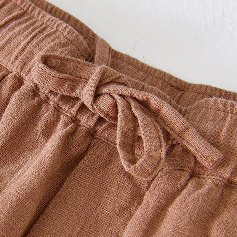 Summer Solid Color Drawstring Elastic Waist Men's Cotton Linen Shorts With Pockets - Image 35