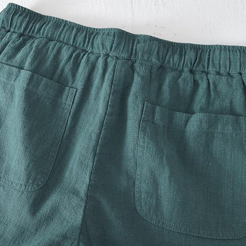 Summer Solid Color Drawstring Elastic Waist Men's Cotton Linen Shorts With Pockets - Image 24