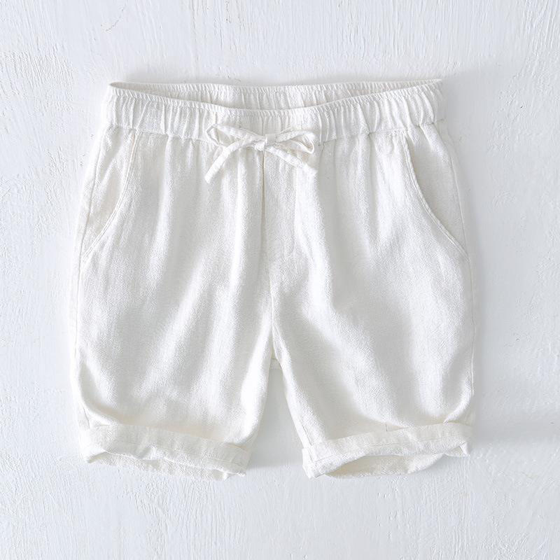 Summer Solid Color Drawstring Elastic Waist Men's Cotton Linen Shorts With Pockets - Image 6