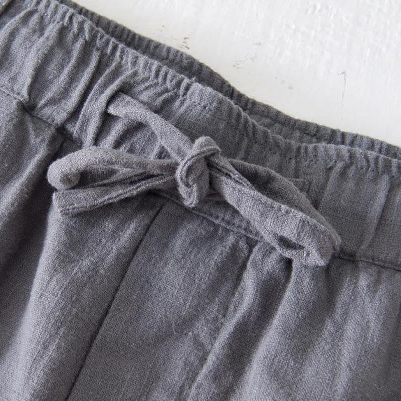 Summer Solid Color Drawstring Elastic Waist Men's Cotton Linen Shorts With Pockets - Image 18