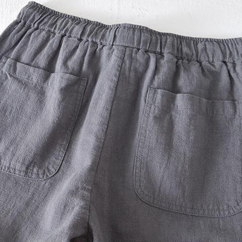 Summer Solid Color Drawstring Elastic Waist Men's Cotton Linen Shorts With Pockets - Image 19