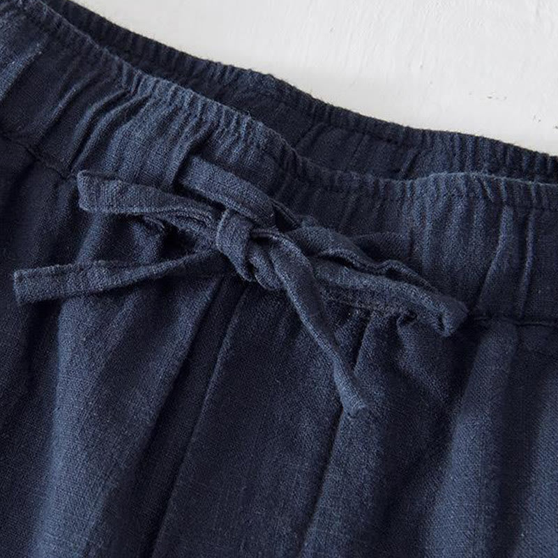 Summer Solid Color Drawstring Elastic Waist Men's Cotton Linen Shorts With Pockets - Image 29