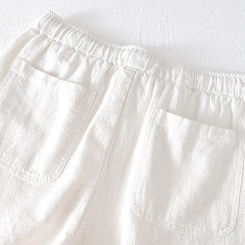 Summer Solid Color Drawstring Elastic Waist Men's Cotton Linen Shorts With Pockets - Image 8