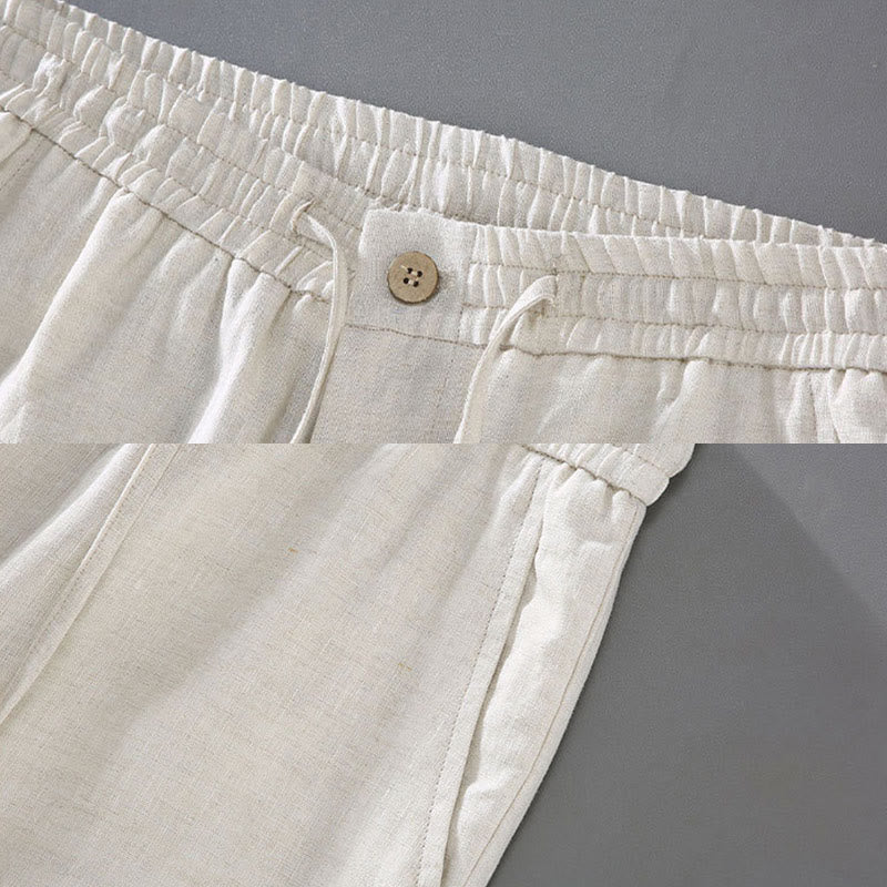 Summer Solid Color Drawstring Button Design Men's Linen Shorts With Pockets - Image 9